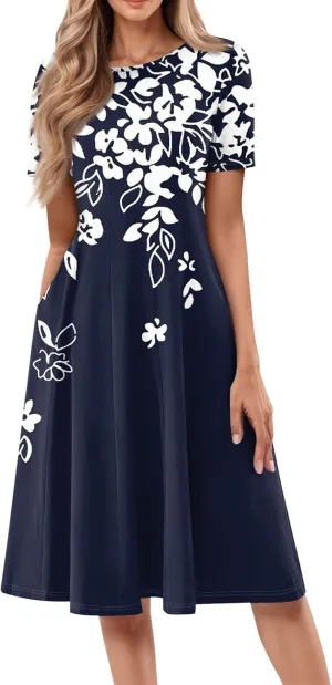 Summer Dresses for Women 2025 Trendy Short Sleeve Scoop Neck Print Beach Boho Tshirt Dress with Pockets