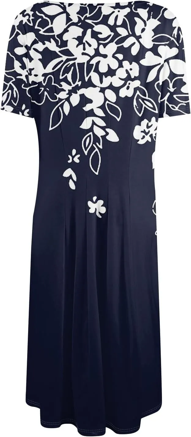 Summer Dresses for Women 2025 Trendy Short Sleeve Scoop Neck Print Beach Boho Tshirt Dress with Pockets