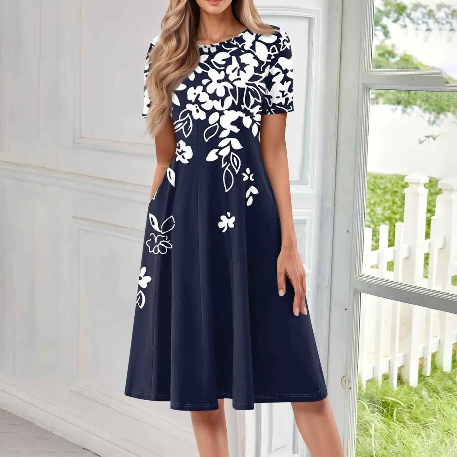 Summer Dresses for Women 2025 Trendy Short Sleeve Scoop Neck Print Beach Boho Tshirt Dress with Pockets