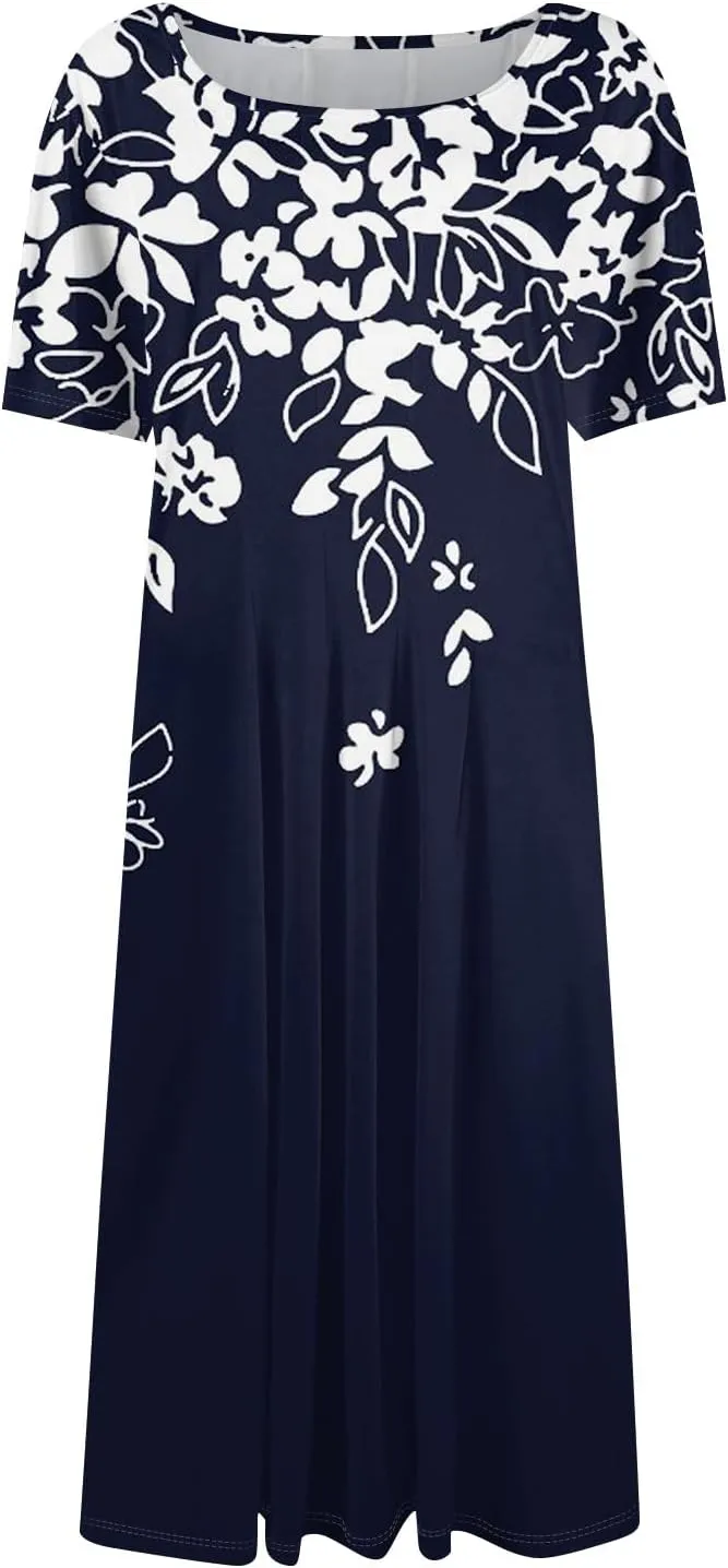 Summer Dresses for Women 2025 Trendy Short Sleeve Scoop Neck Print Beach Boho Tshirt Dress with Pockets