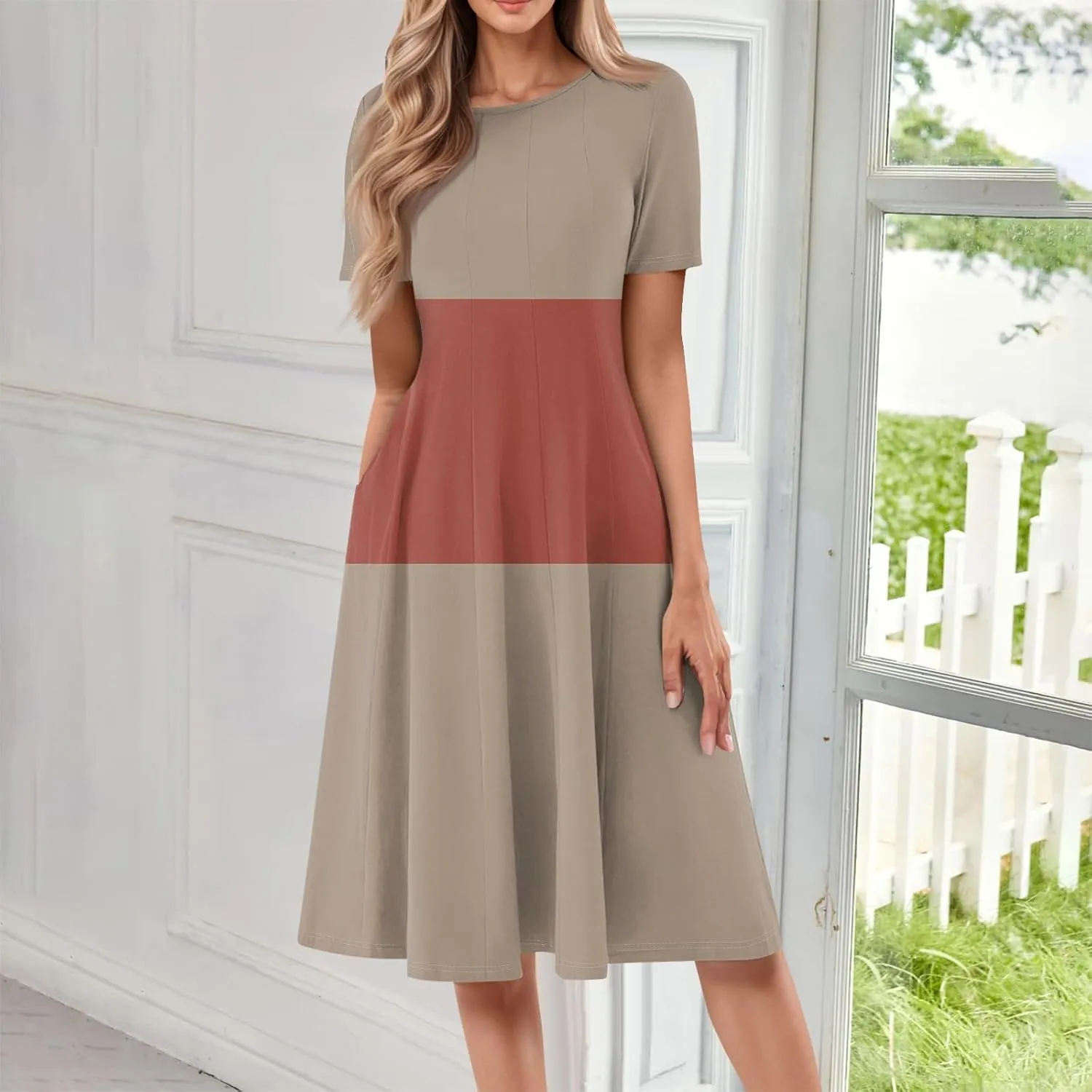 Summer Dresses for Women Flowy Casual Midi Dresses Aline Beach Tshirt Dress Floral Short Sleeve Dress with Pockets
