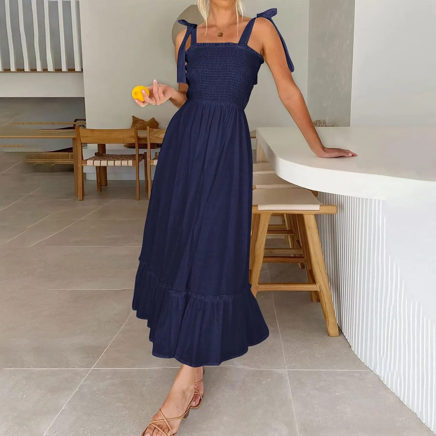 Summer Dresses for Women Spaghetti Strap Square Neck Sundress Tie Up Smocked Maxi Dress Ruffle Tiered A Line Dress