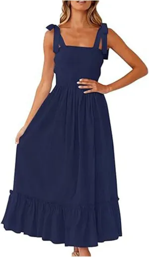 Summer Dresses for Women Spaghetti Strap Square Neck Sundress Tie Up Smocked Maxi Dress Ruffle Tiered A Line Dress