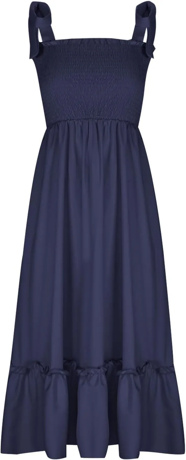 Summer Dresses for Women Spaghetti Strap Square Neck Sundress Tie Up Smocked Maxi Dress Ruffle Tiered A Line Dress