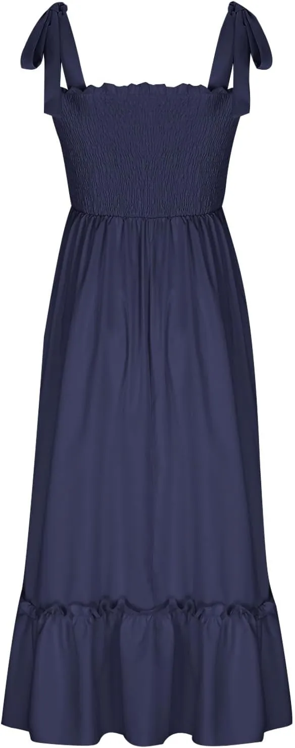 Summer Dresses for Women Spaghetti Strap Square Neck Sundress Tie Up Smocked Maxi Dress Ruffle Tiered A Line Dress