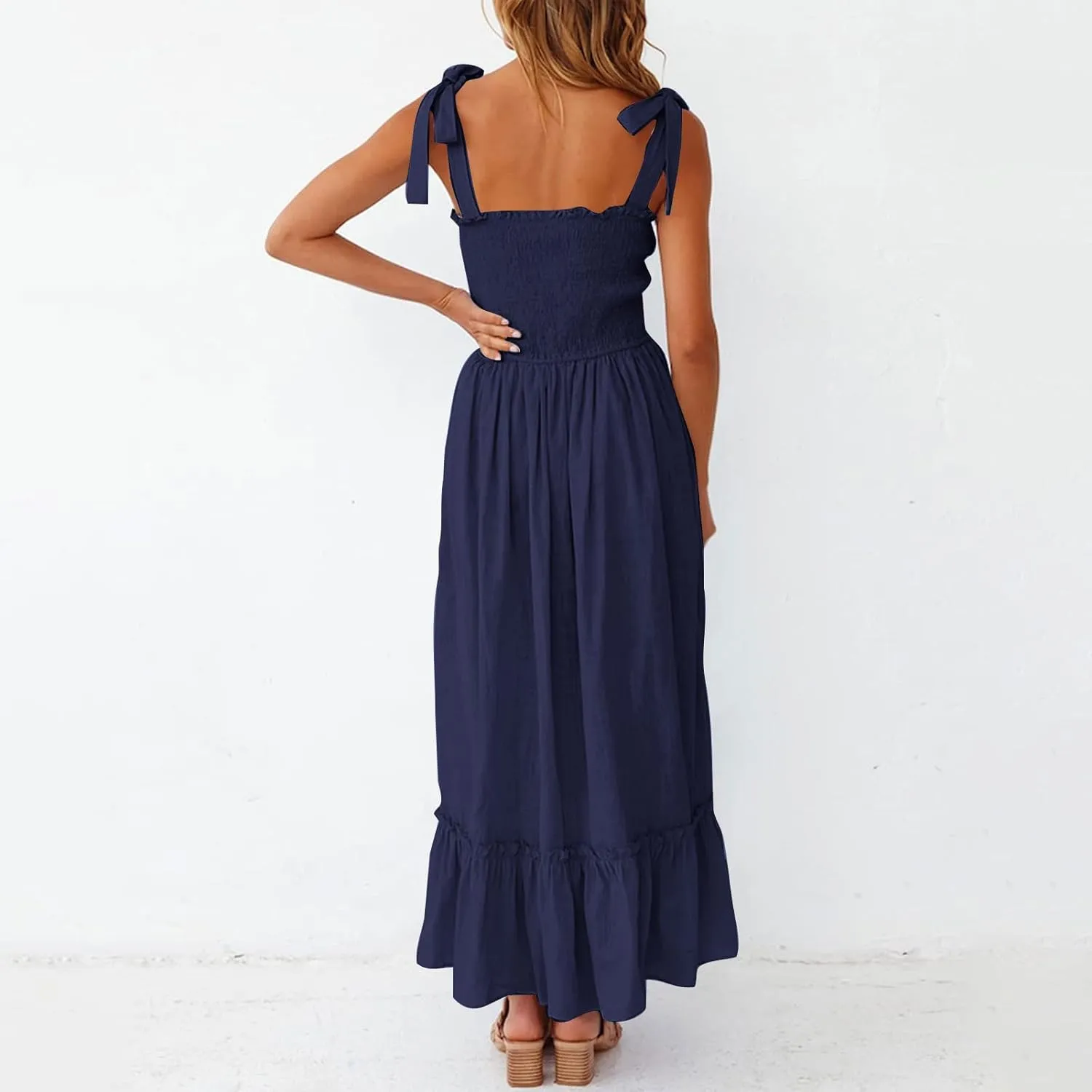 Summer Dresses for Women Spaghetti Strap Square Neck Sundress Tie Up Smocked Maxi Dress Ruffle Tiered A Line Dress
