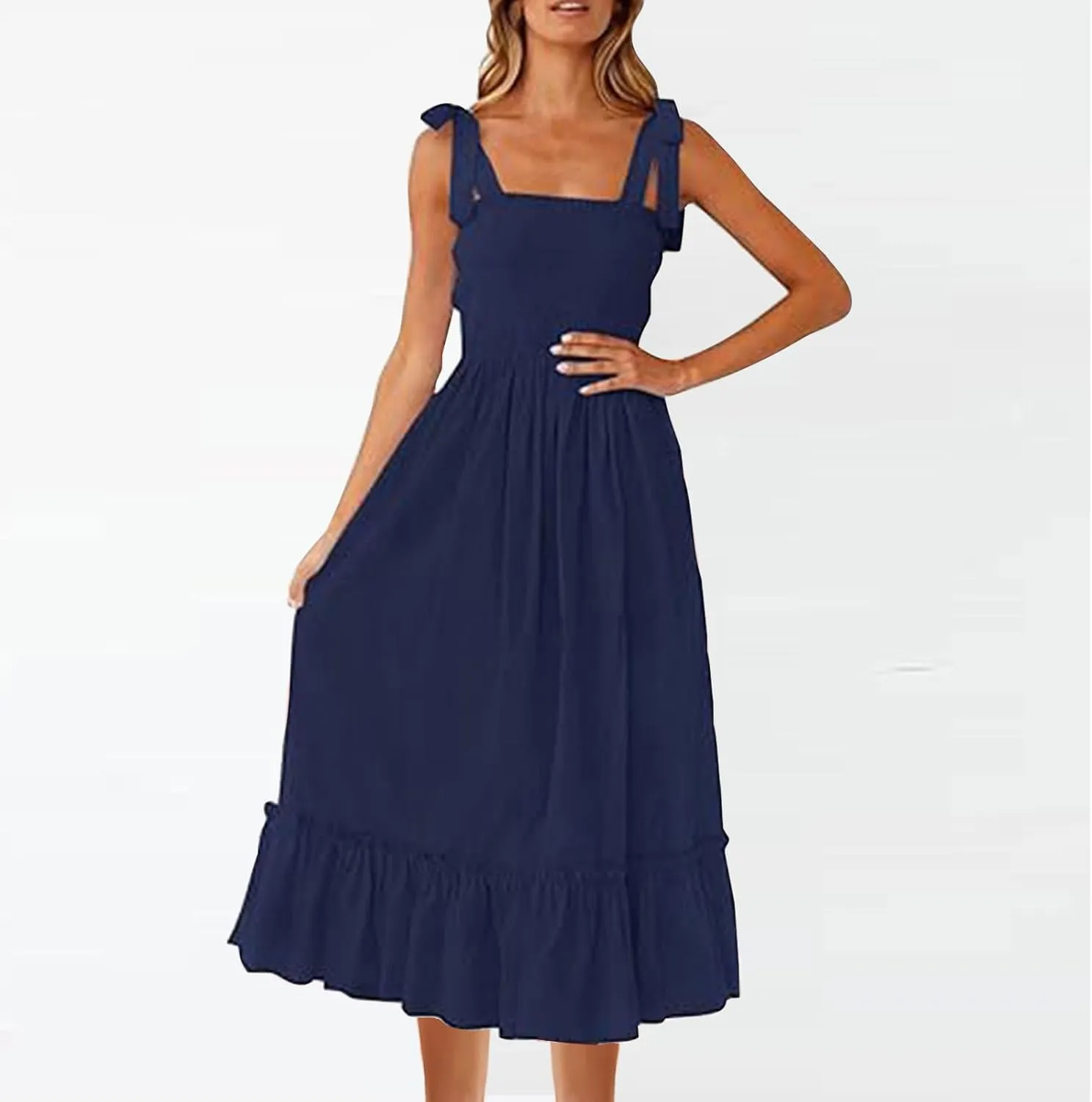 Summer Dresses for Women Spaghetti Strap Square Neck Sundress Tie Up Smocked Maxi Dress Ruffle Tiered A Line Dress