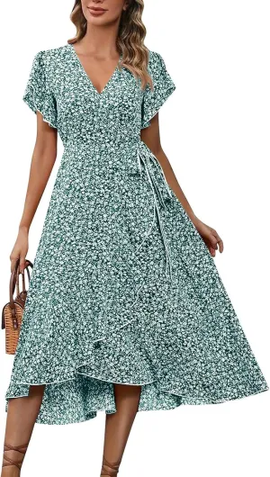 Summer Floral Dresses for Women 2025 Midi Wrap Dress V Neck Flutter Short Sleeve Tie Waist Ruffle Hem Beach Dresses