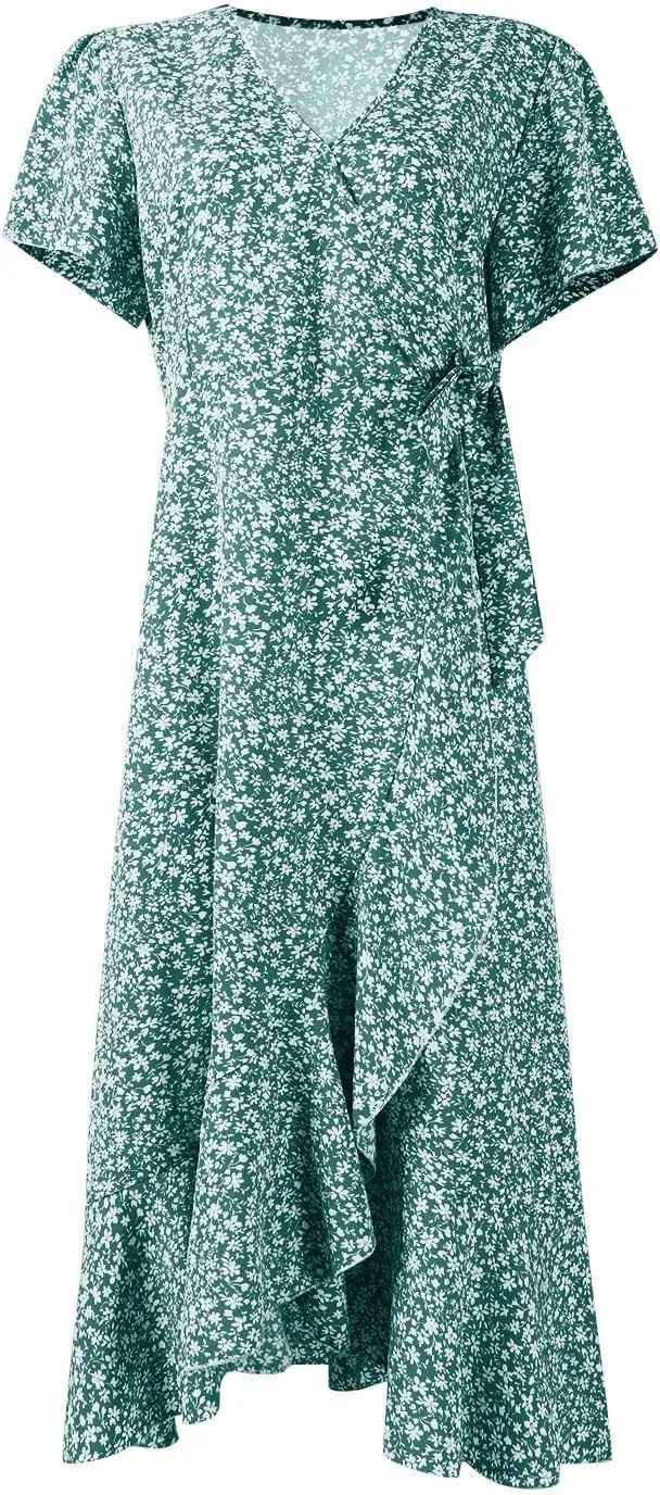 Summer Floral Dresses for Women 2025 Midi Wrap Dress V Neck Flutter Short Sleeve Tie Waist Ruffle Hem Beach Dresses