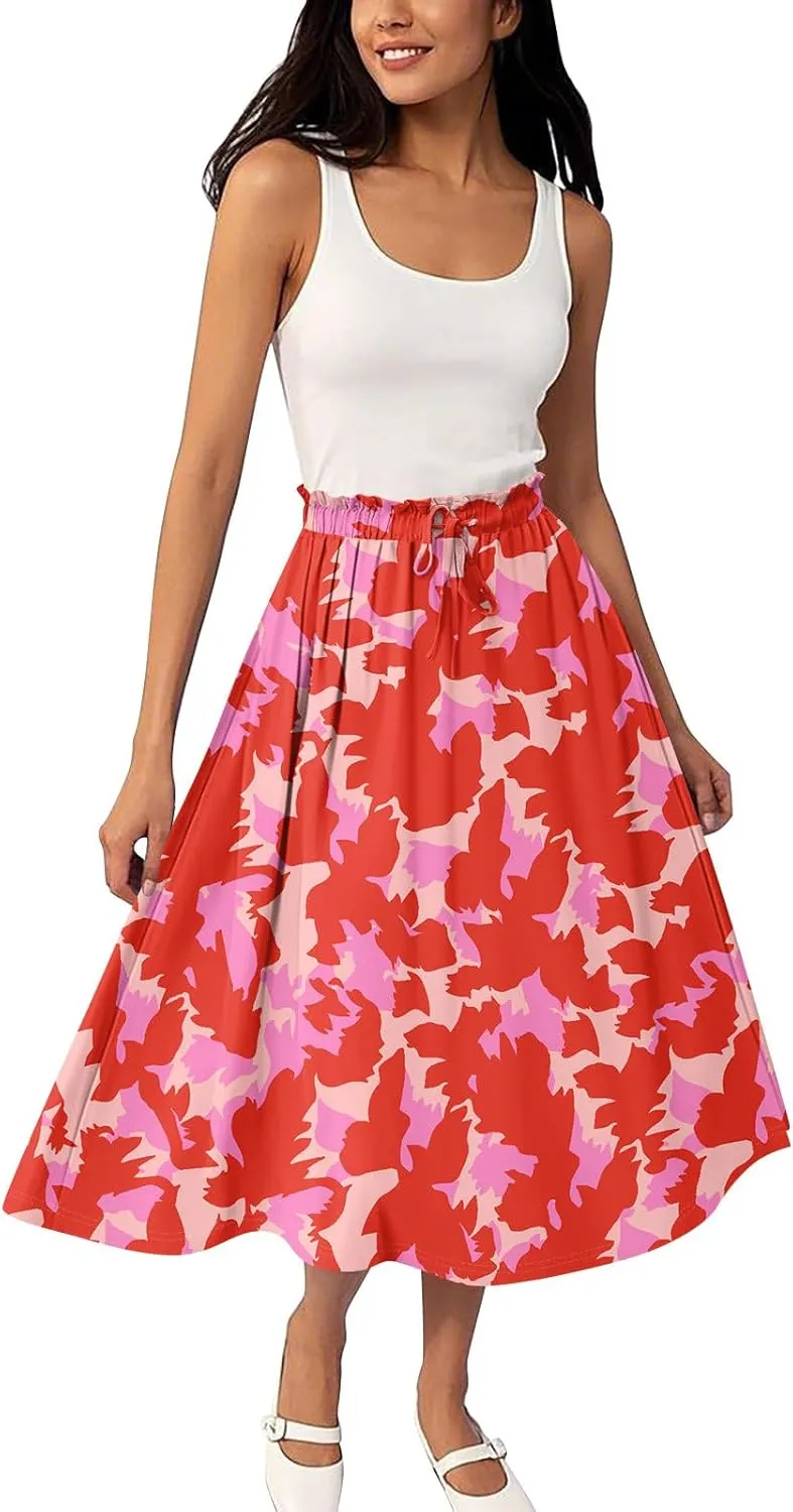 Summer Midi Skirts for Women 2025 Drawstring Elastic Waist Calf Length Skirts Pleated A-Line Polka Dots Boho Skirt