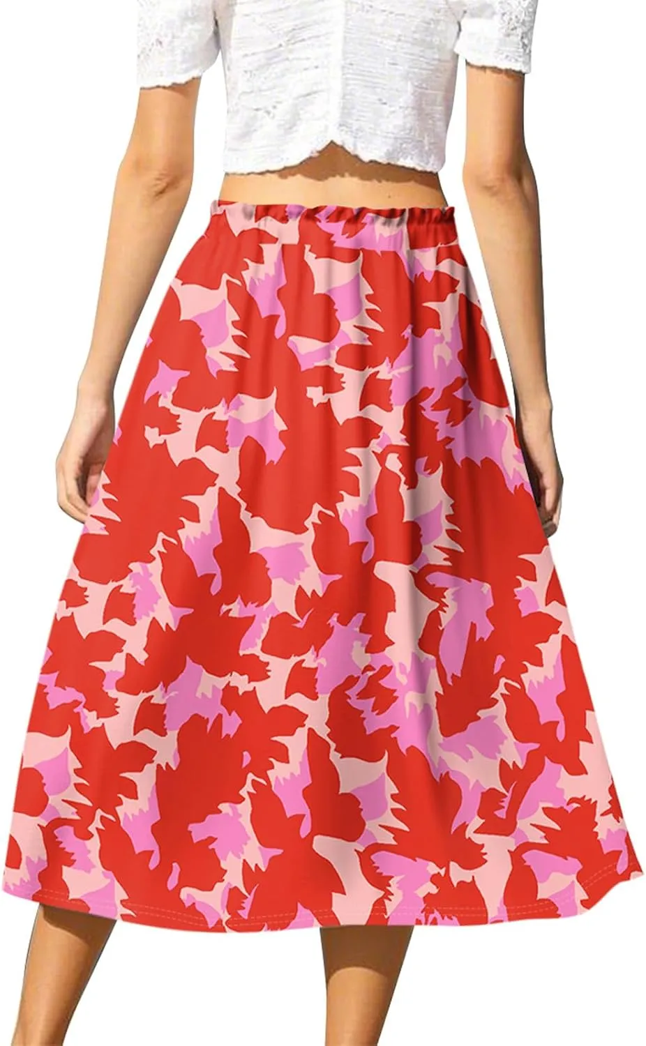 Summer Midi Skirts for Women 2025 Drawstring Elastic Waist Calf Length Skirts Pleated A-Line Polka Dots Boho Skirt