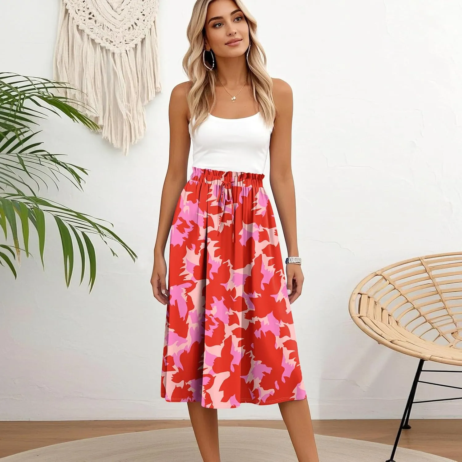 Summer Midi Skirts for Women 2025 Drawstring Elastic Waist Calf Length Skirts Pleated A-Line Polka Dots Boho Skirt