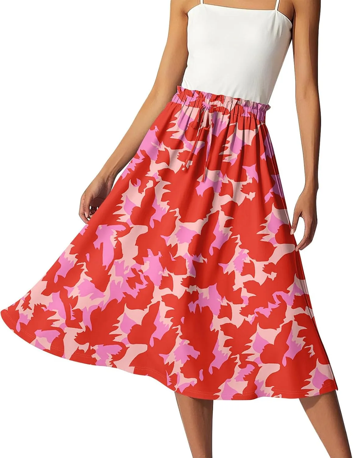 Summer Midi Skirts for Women 2025 Drawstring Elastic Waist Calf Length Skirts Pleated A-Line Polka Dots Boho Skirt