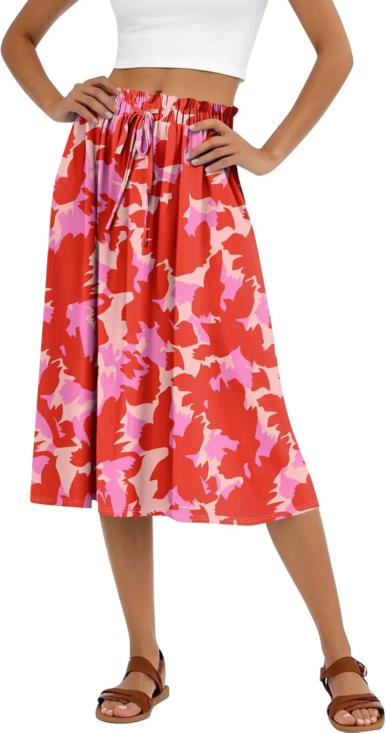 Summer Midi Skirts for Women 2025 Drawstring Elastic Waist Calf Length Skirts Pleated A-Line Polka Dots Boho Skirt