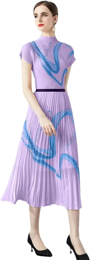 Summer Vintage Print Stretchy Pullovers Top Pleated Midi Long Skirts Suit Women Streetwear
