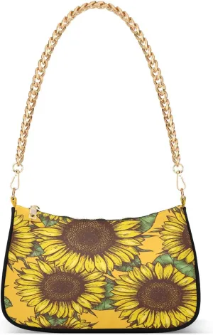Sunflower Blossom Shoulder Handbags for Women Travel Hobo Tote Handbag Women Gold Chain Shoulder Bags Purse with Zipper Closure