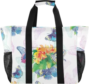 susiyo Exotic Flowers and Butterflies Large Beach Tote Pool Bag for Women Girls, Lightweight Shopping Bags Handle Handbag, Work Tote Nurse Dance Yoga Bag for Sport Travel