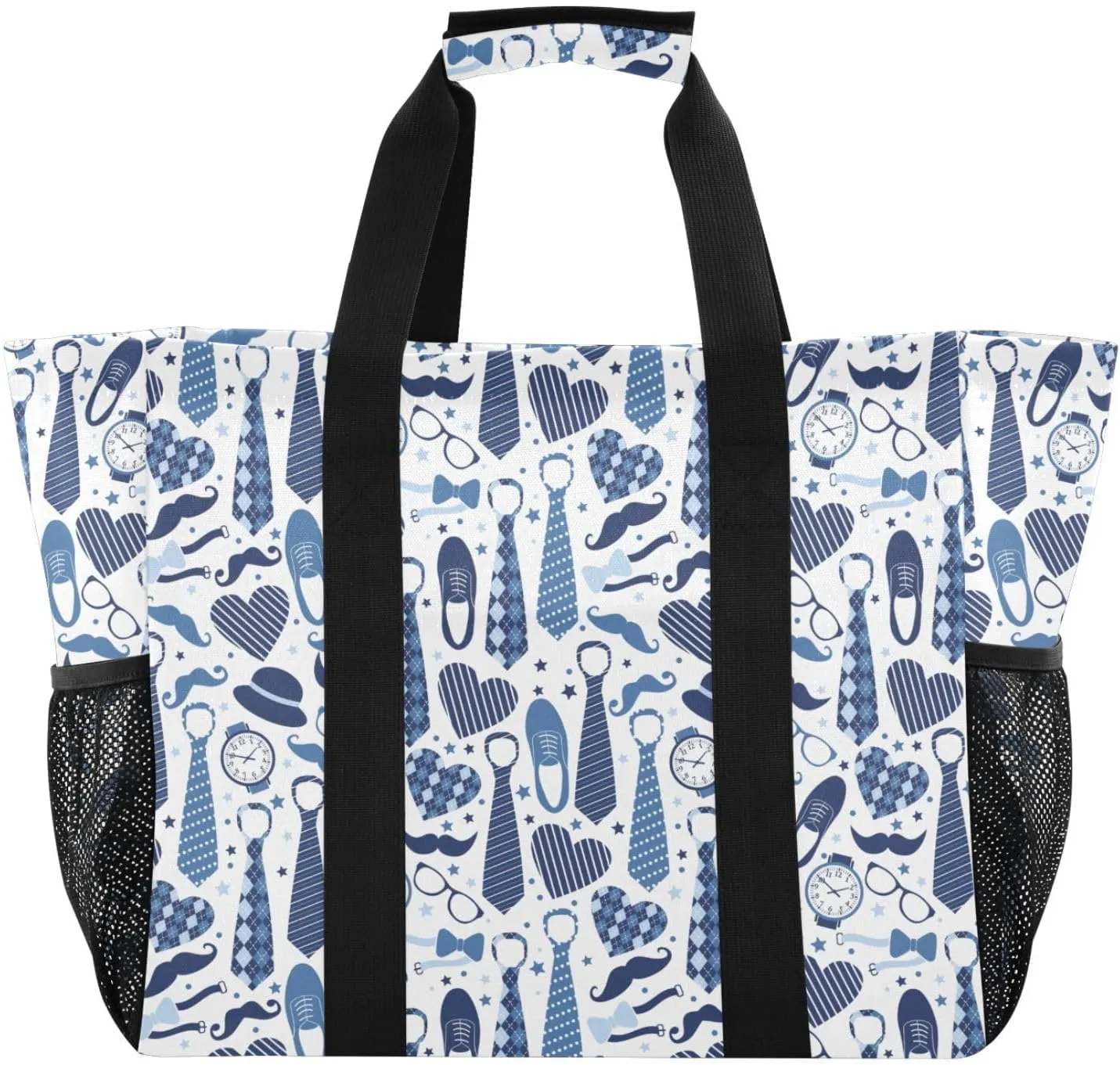 susiyo Fathers Day Tie Moustache Shoes Blue Reusable Grocery Tote Bag Collapsible Canvas Beach Bag Large Travel Bags for Hiking Trip Pool