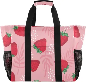 susiyo Strawberries Leaves and Flowers Large Beach Tote Pool Bag for Women Girls, Lightweight Shopping Bags Handle Handbag, Work Tote Nurse Dance Yoga Bag for Sport Travel