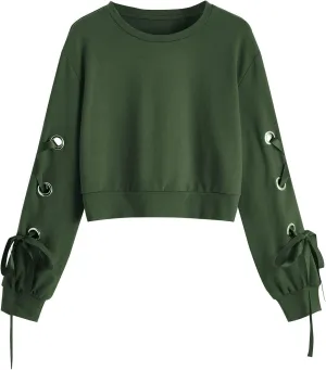 SweatyRocks Women's Casual Lace Up Long Sleeve Pullover Crop Top Sweatshirt