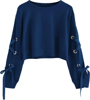 SweatyRocks Women's Casual Lace Up Long Sleeve Pullover Crop Top Sweatshirt