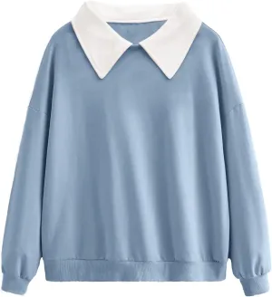 SweatyRocks Women's Contrast Collar Drop Shoulder Casual Long Sleeve Pullover Sweatshirt Tops