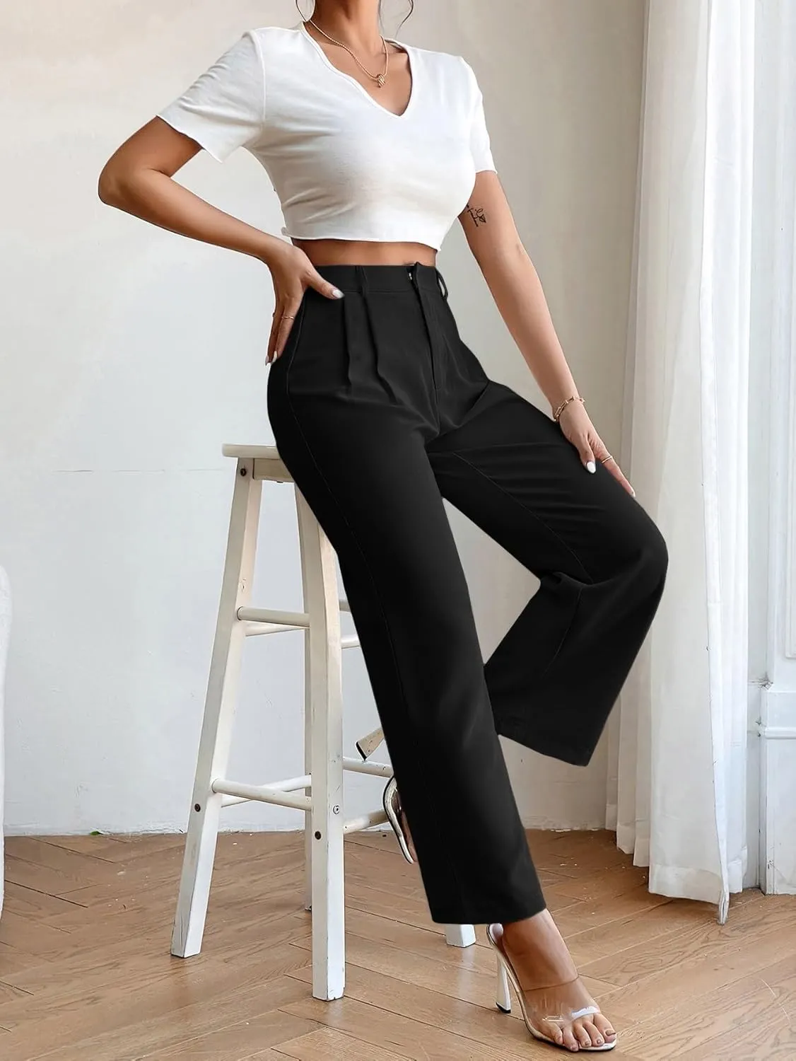 SweatyRocks Women's High Elastic Waist Zip Up Pleated Pants Casual Straight Leg Solid Dress Pants