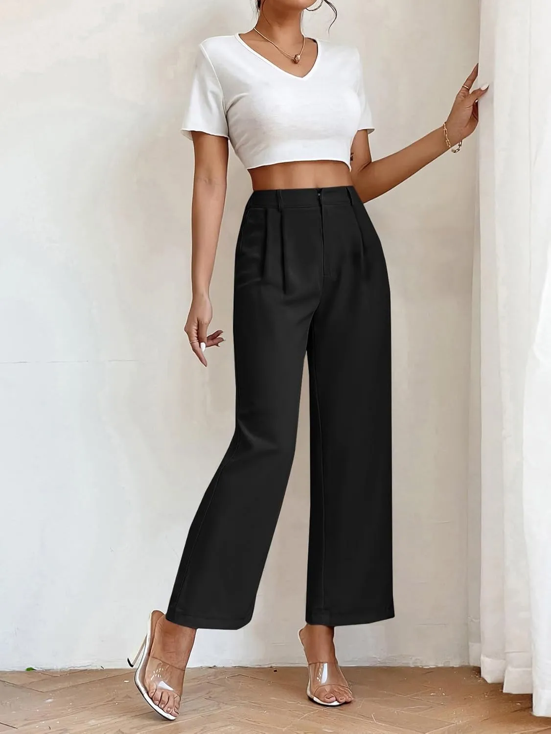 SweatyRocks Women's High Elastic Waist Zip Up Pleated Pants Casual Straight Leg Solid Dress Pants