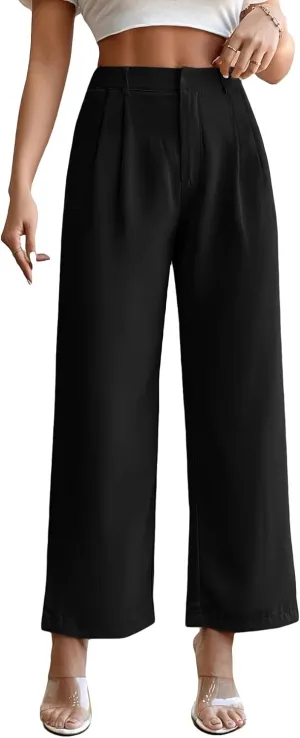 SweatyRocks Women's High Elastic Waist Zip Up Pleated Pants Casual Straight Leg Solid Dress Pants