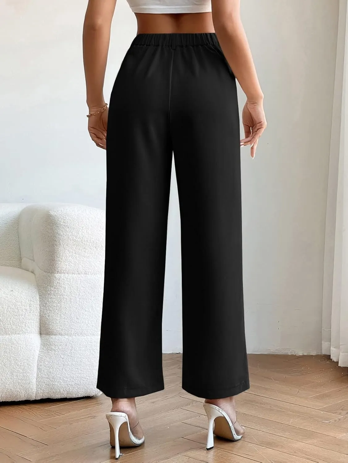 SweatyRocks Women's High Elastic Waist Zip Up Pleated Pants Casual Straight Leg Solid Dress Pants