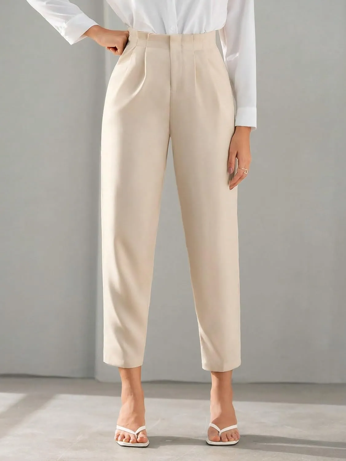 SweatyRocks Women's High Waist Pleated Zipper Cropped Pants Elegant Solid Pockets Office Trousers Workwear