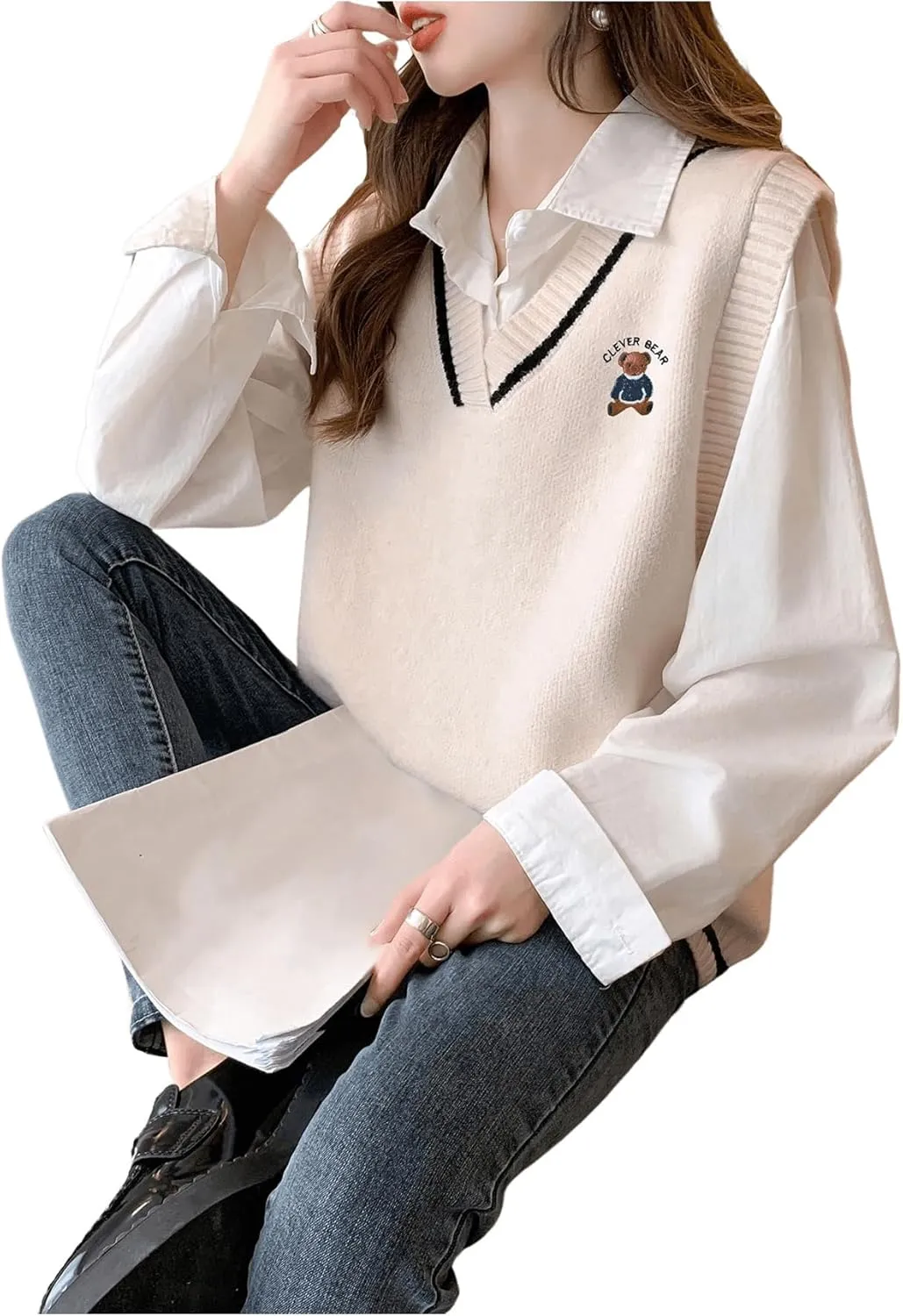 SweatyRocks Women's V Neck Vest Ribbed Knit Sleeveless Casual Loose Pullover Sweater Tops