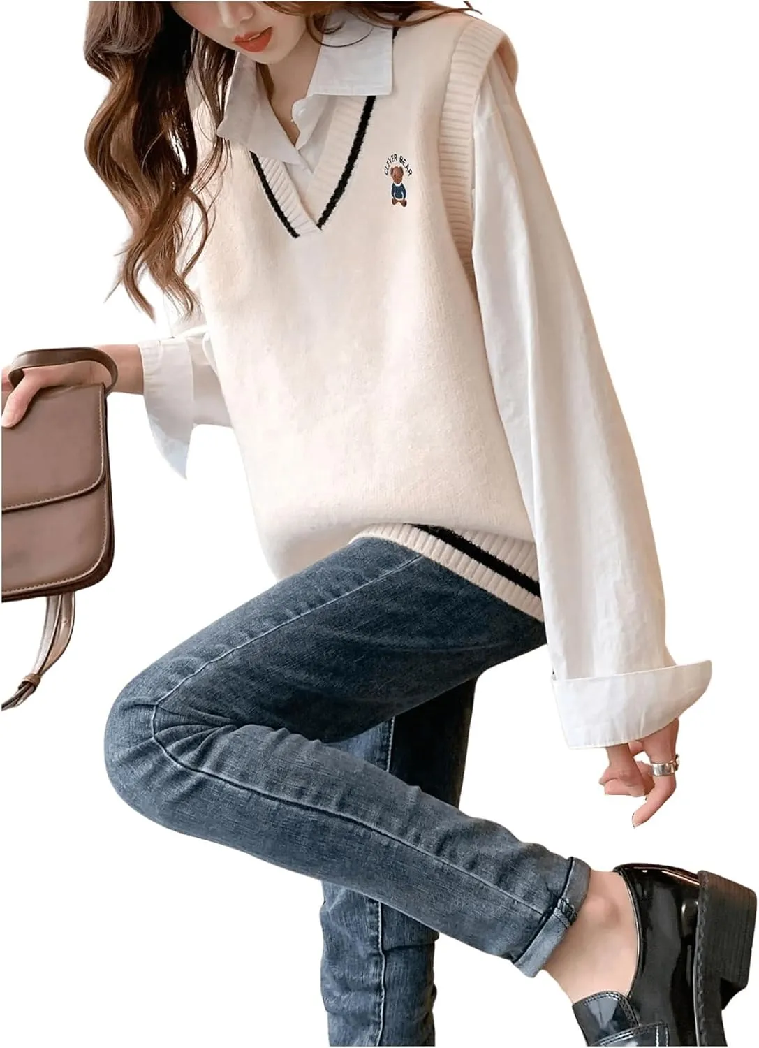 SweatyRocks Women's V Neck Vest Ribbed Knit Sleeveless Casual Loose Pullover Sweater Tops
