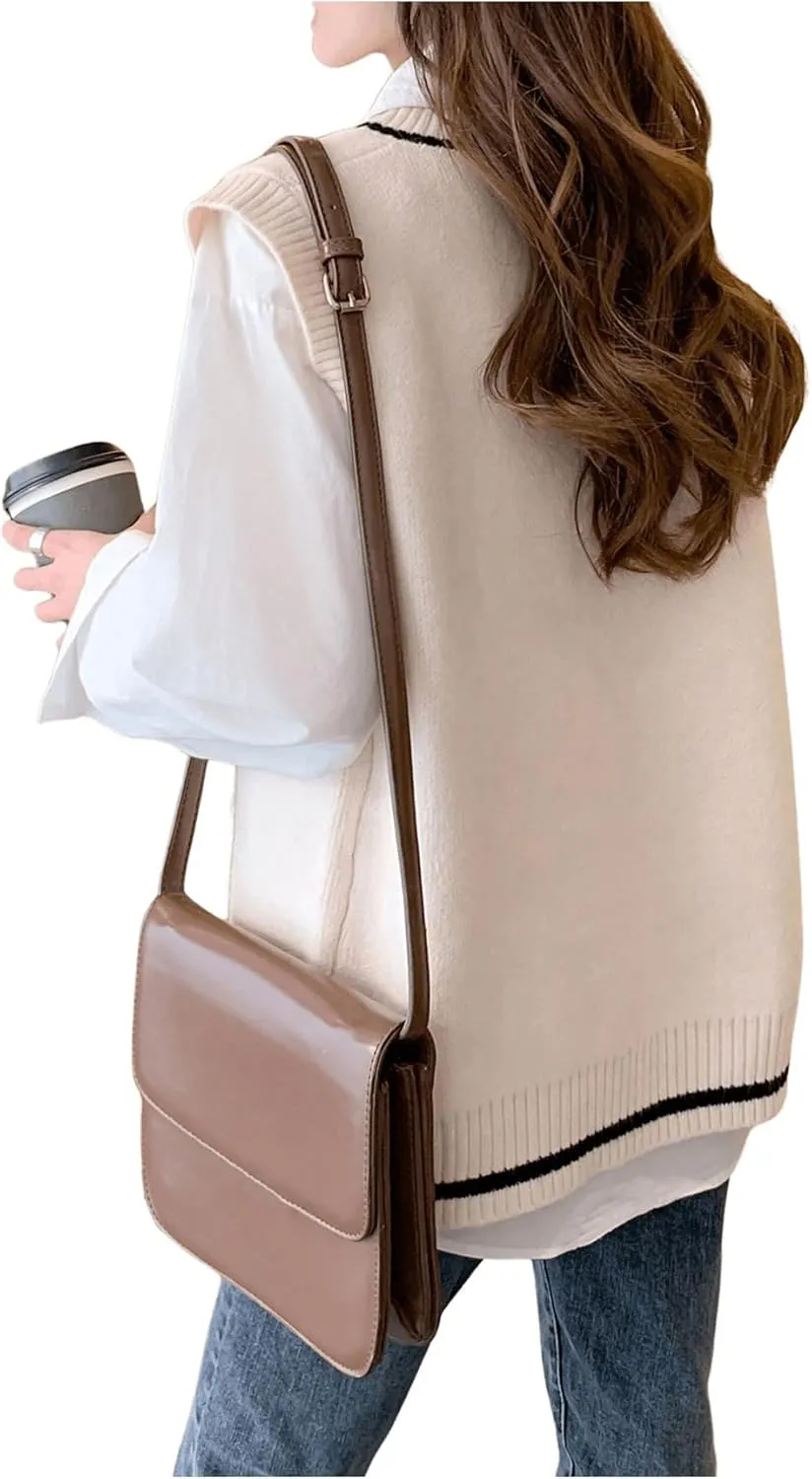 SweatyRocks Women's V Neck Vest Ribbed Knit Sleeveless Casual Loose Pullover Sweater Tops
