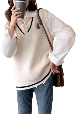SweatyRocks Women's V Neck Vest Ribbed Knit Sleeveless Casual Loose Pullover Sweater Tops