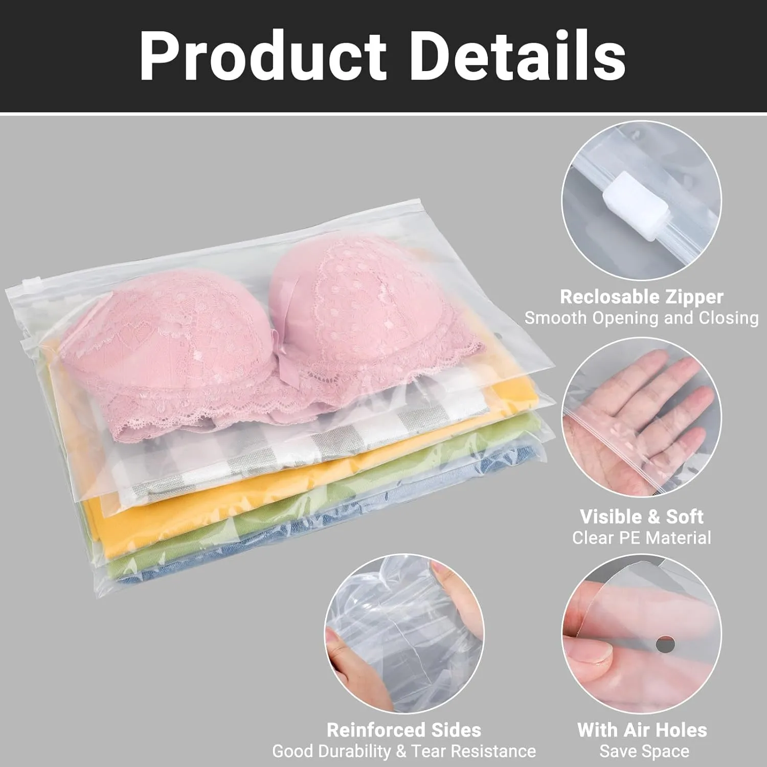 Swimsuit Bags Storage Clear, Clothing Packaging Bags for Bikini, Swimwear, Bathing Suit Storage, T Shirt Packaging, 10x8 inch, Pack of 25, 3 Mil with Vent Holes