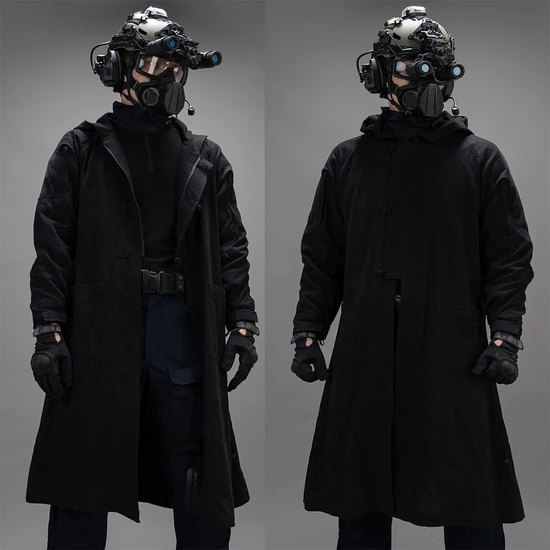 Tactical Long Coat with Hood, Outdoor Tactical Long Coat Training Cloak with Hood (Black/L)