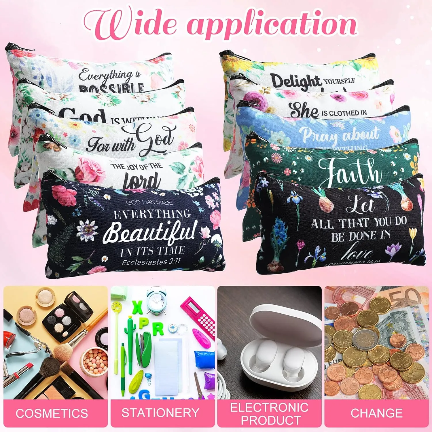 Talltalk 14 Pcs Christian Cosmetic Bags Bulk Christian Gift for Women Makeup Bags Inspirational Bible Verse Pencil Pouch for Graduation Mother's Day Travel Motivational Religious Favors(Floral)