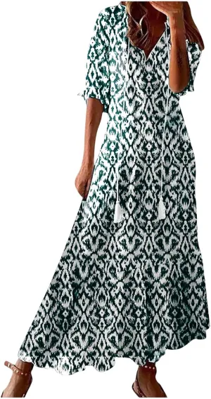 TANGNADE Women Boho Summer Maxi Dress Short Sleeve Tassel V Neck Ruffle Floral Printed Flowy A-Line Beach Travel Dresses