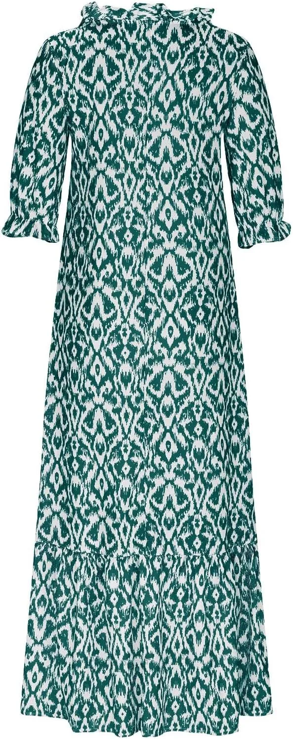 TANGNADE Women Boho Summer Maxi Dress Short Sleeve Tassel V Neck Ruffle Floral Printed Flowy A-Line Beach Travel Dresses