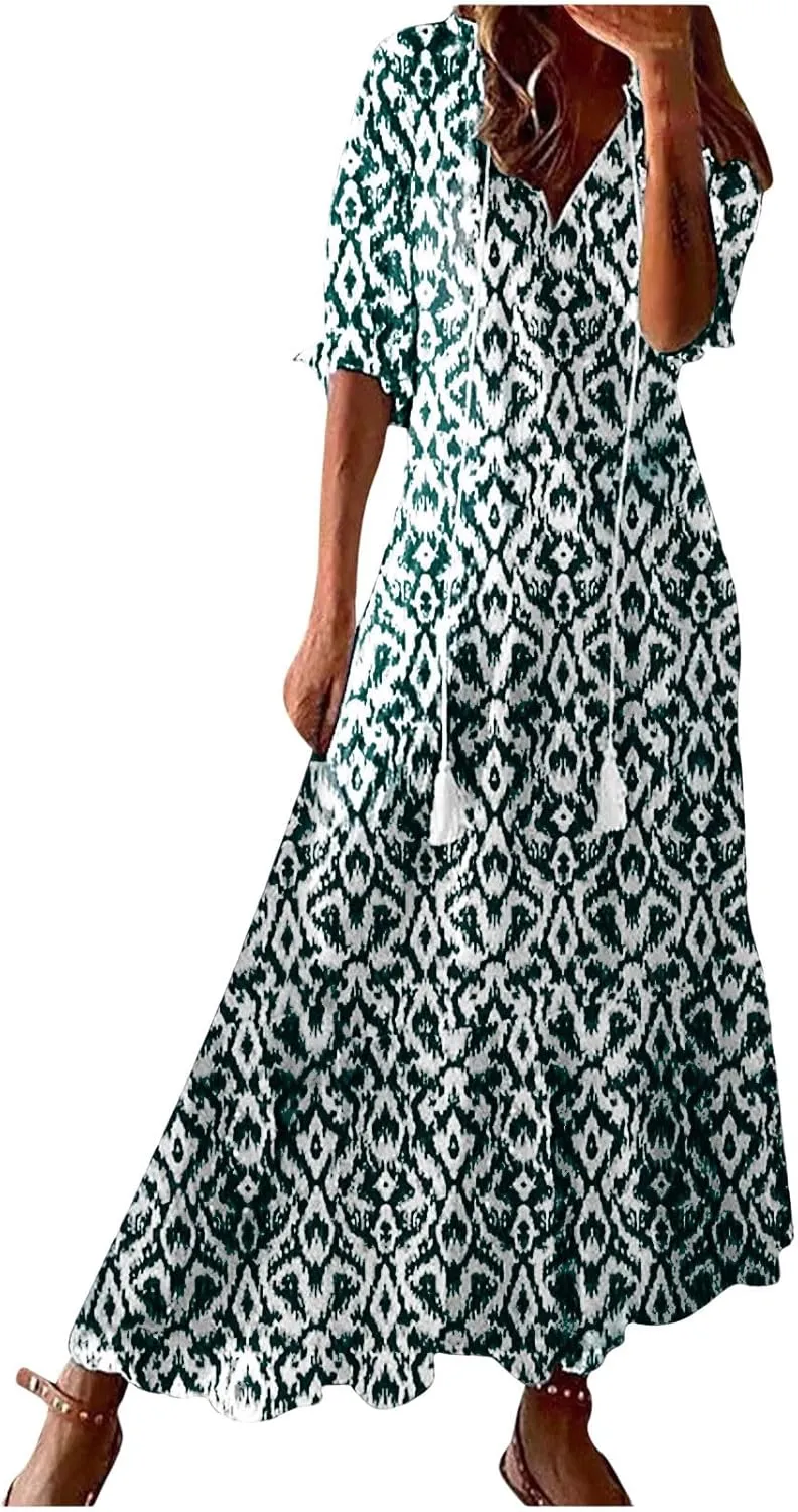 TANGNADE Women Boho Summer Maxi Dress Short Sleeve Tassel V Neck Ruffle Floral Printed Flowy A-Line Beach Travel Dresses