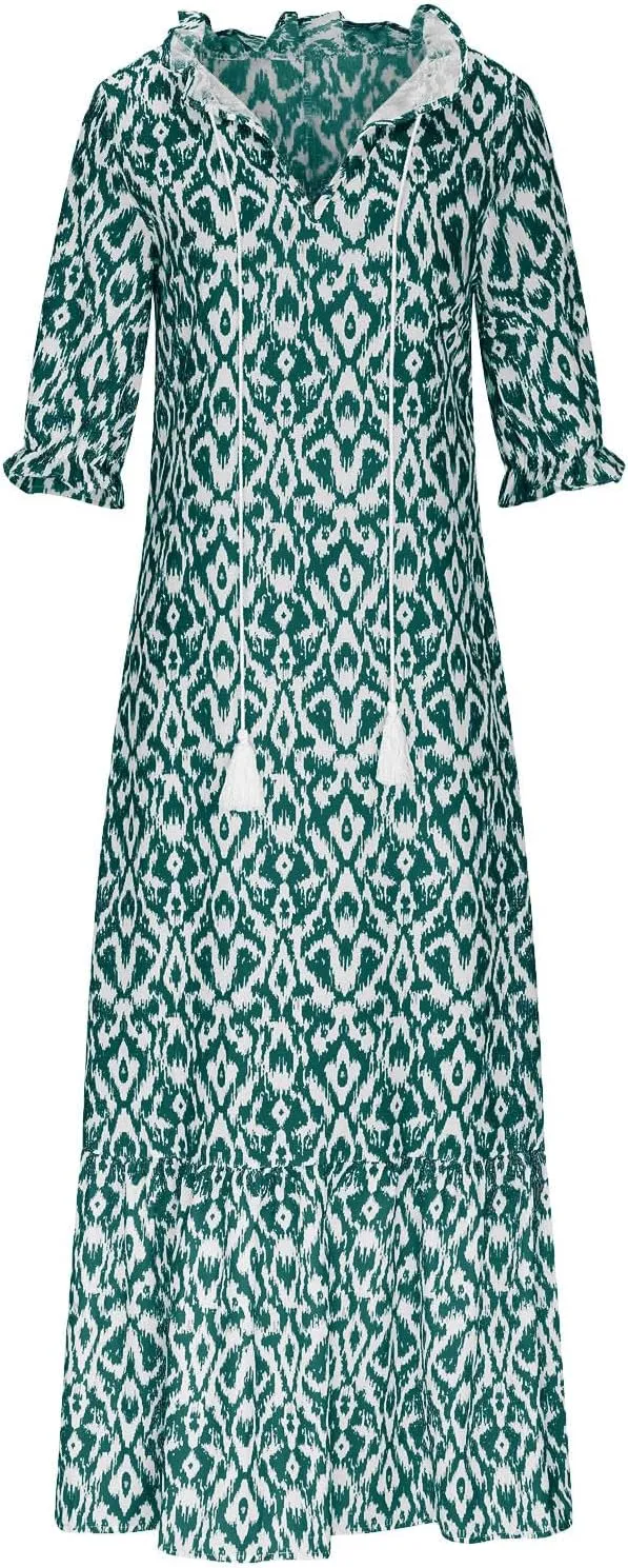 TANGNADE Women Boho Summer Maxi Dress Short Sleeve Tassel V Neck Ruffle Floral Printed Flowy A-Line Beach Travel Dresses
