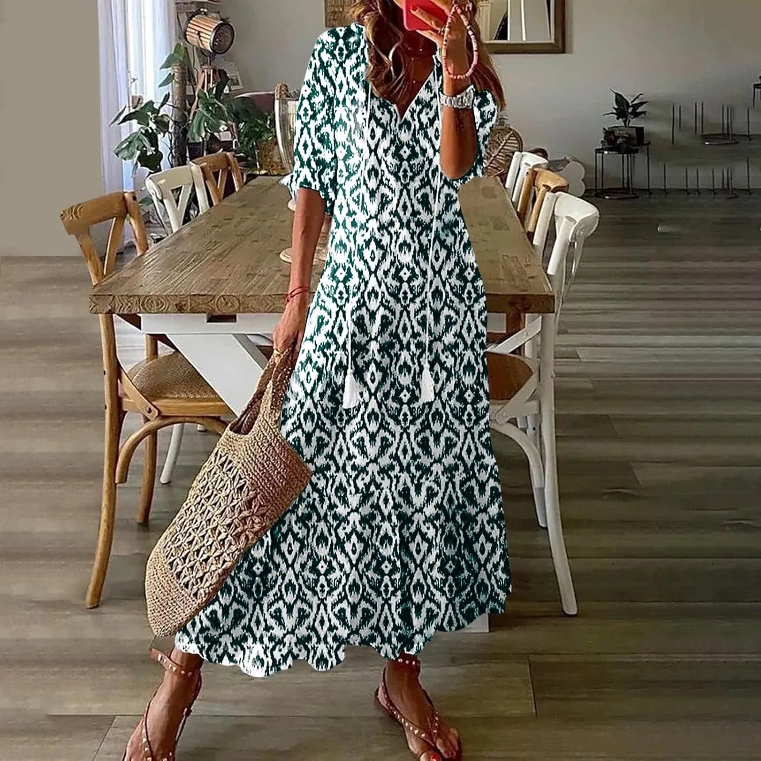TANGNADE Women Boho Summer Maxi Dress Short Sleeve Tassel V Neck Ruffle Floral Printed Flowy A-Line Beach Travel Dresses