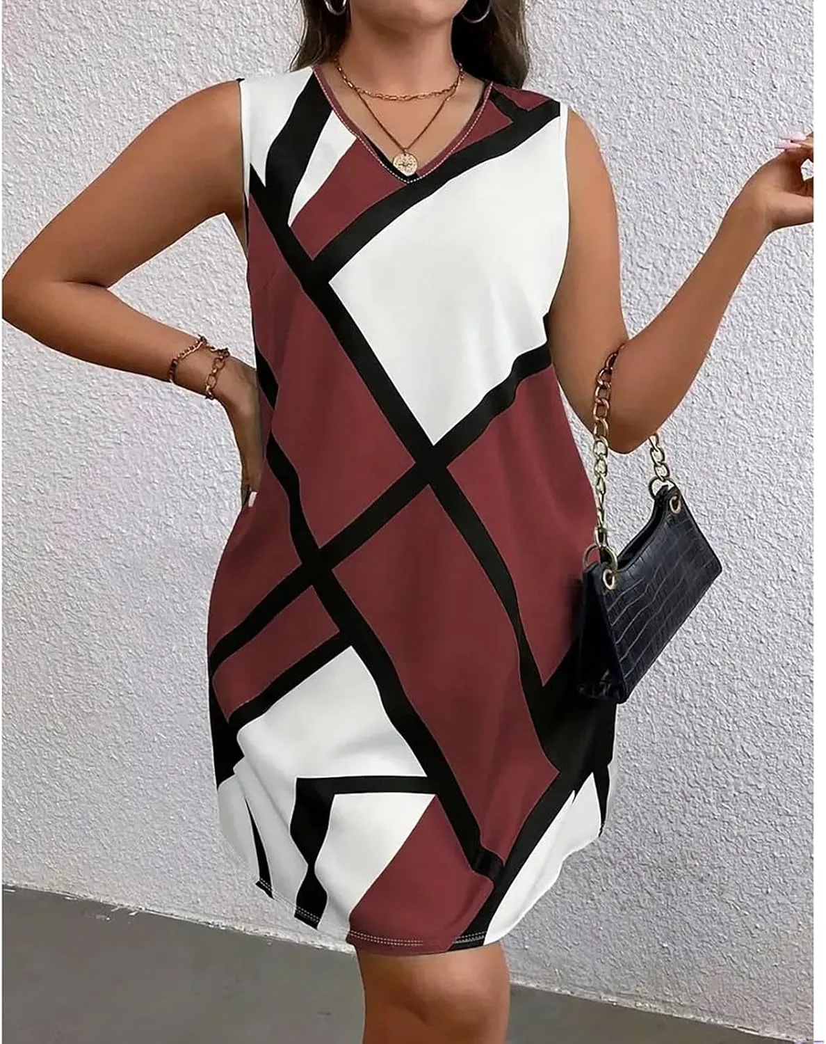 Tank Dress Geometric Printed Plus Size Dresses V-Neck Sleeveless Loose Midi Dresses Summer Dresses for Women 2025