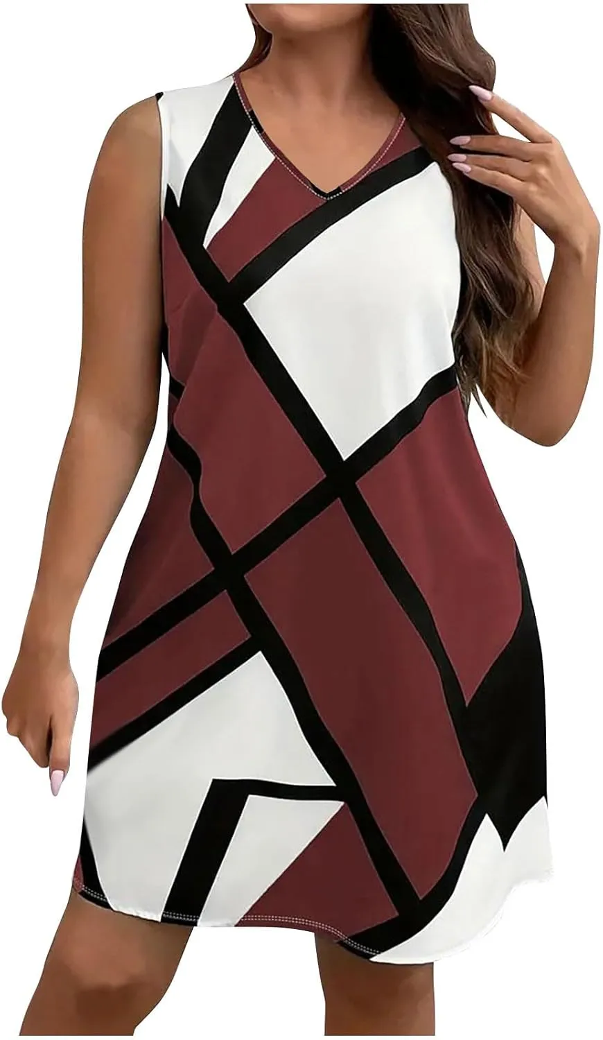 Tank Dress Geometric Printed Plus Size Dresses V-Neck Sleeveless Loose Midi Dresses Summer Dresses for Women 2025