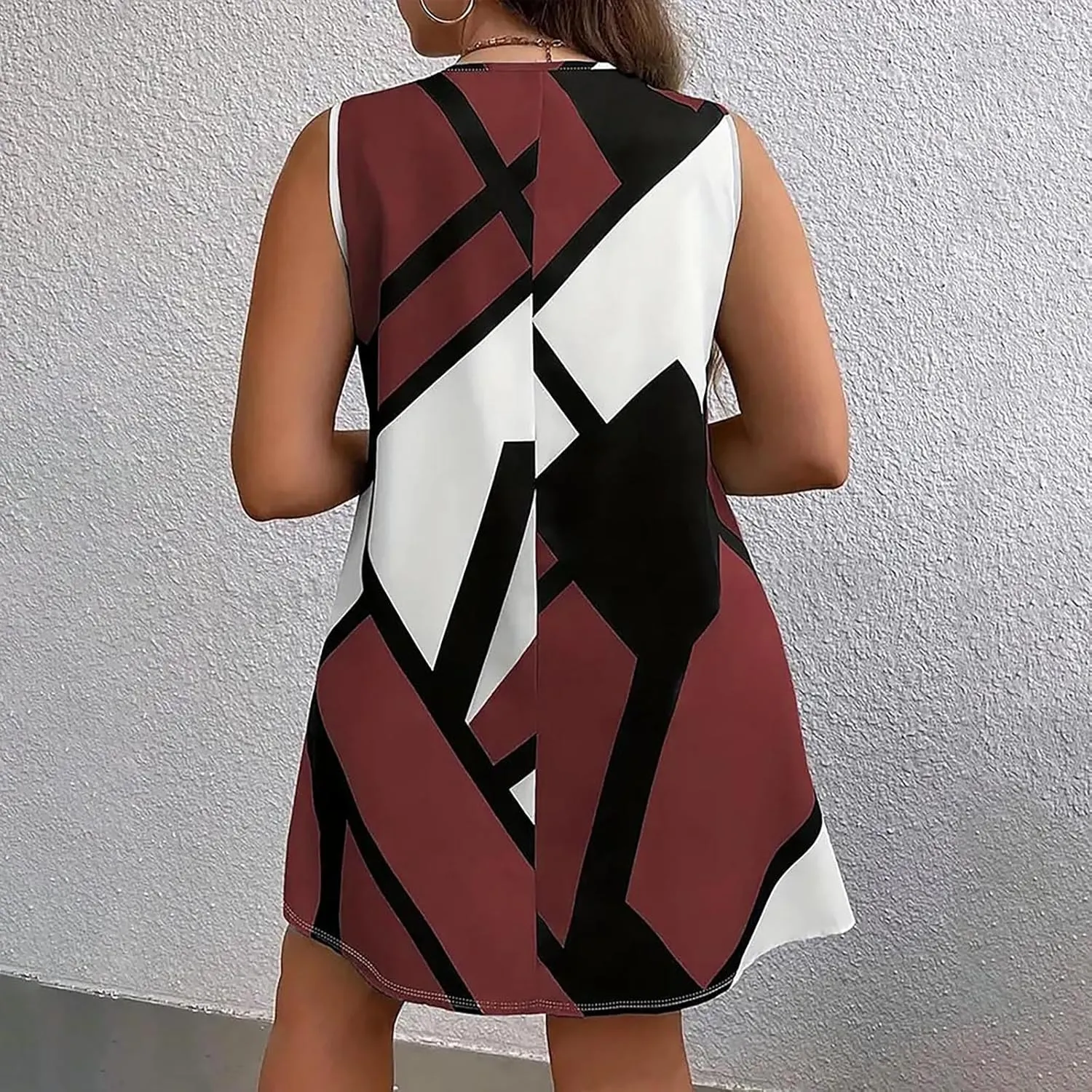 Tank Dress Geometric Printed Plus Size Dresses V-Neck Sleeveless Loose Midi Dresses Summer Dresses for Women 2025