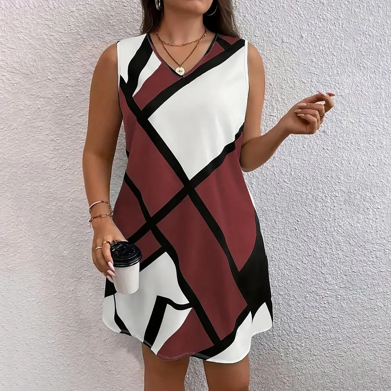 Tank Dress Geometric Printed Plus Size Dresses V-Neck Sleeveless Loose Midi Dresses Summer Dresses for Women 2025