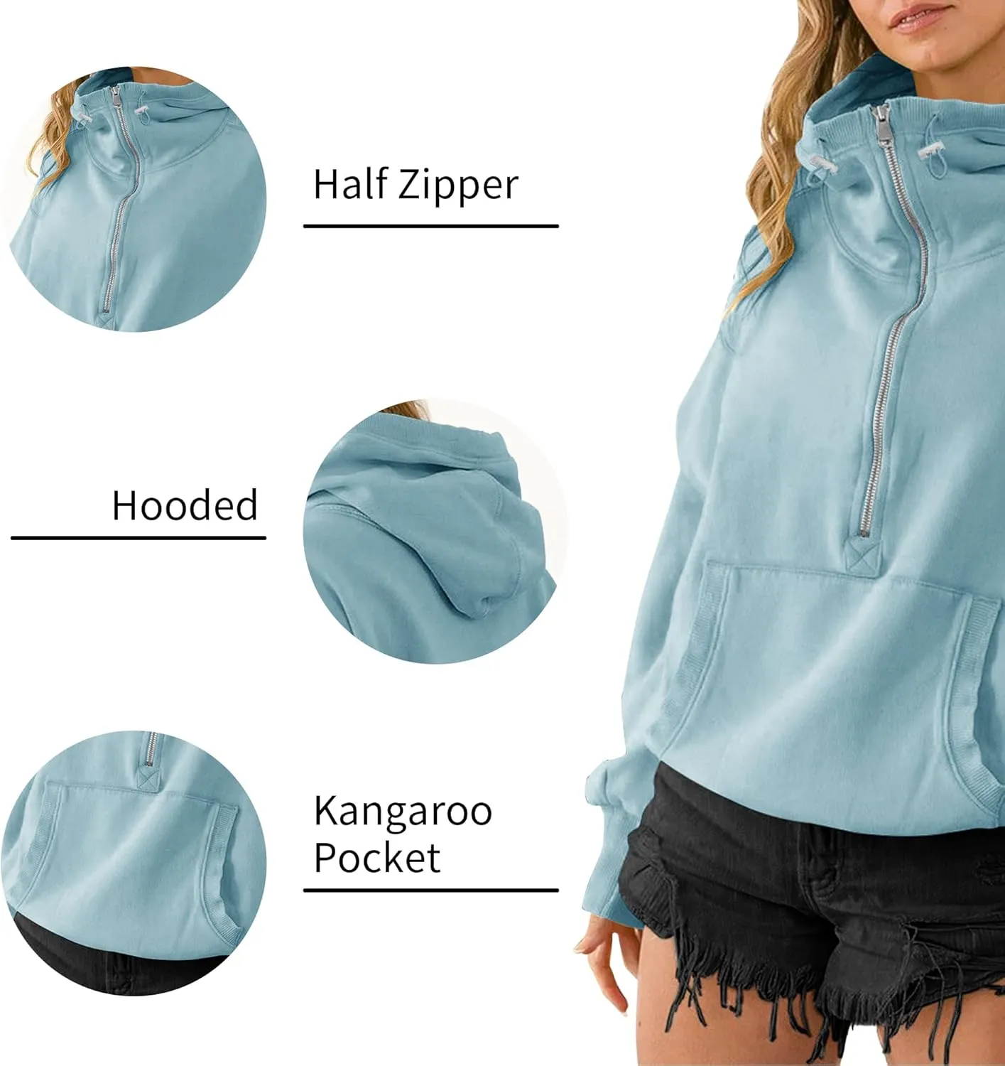 TBA High Neck Hoodies for Women Oversized Half Zip Drawstring Y2K Pullover Sweater Casual Long Sleeve Sweatshirt with Pockets