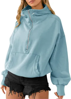 TBA High Neck Hoodies for Women Oversized Half Zip Drawstring Y2K Pullover Sweater Casual Long Sleeve Sweatshirt with Pockets