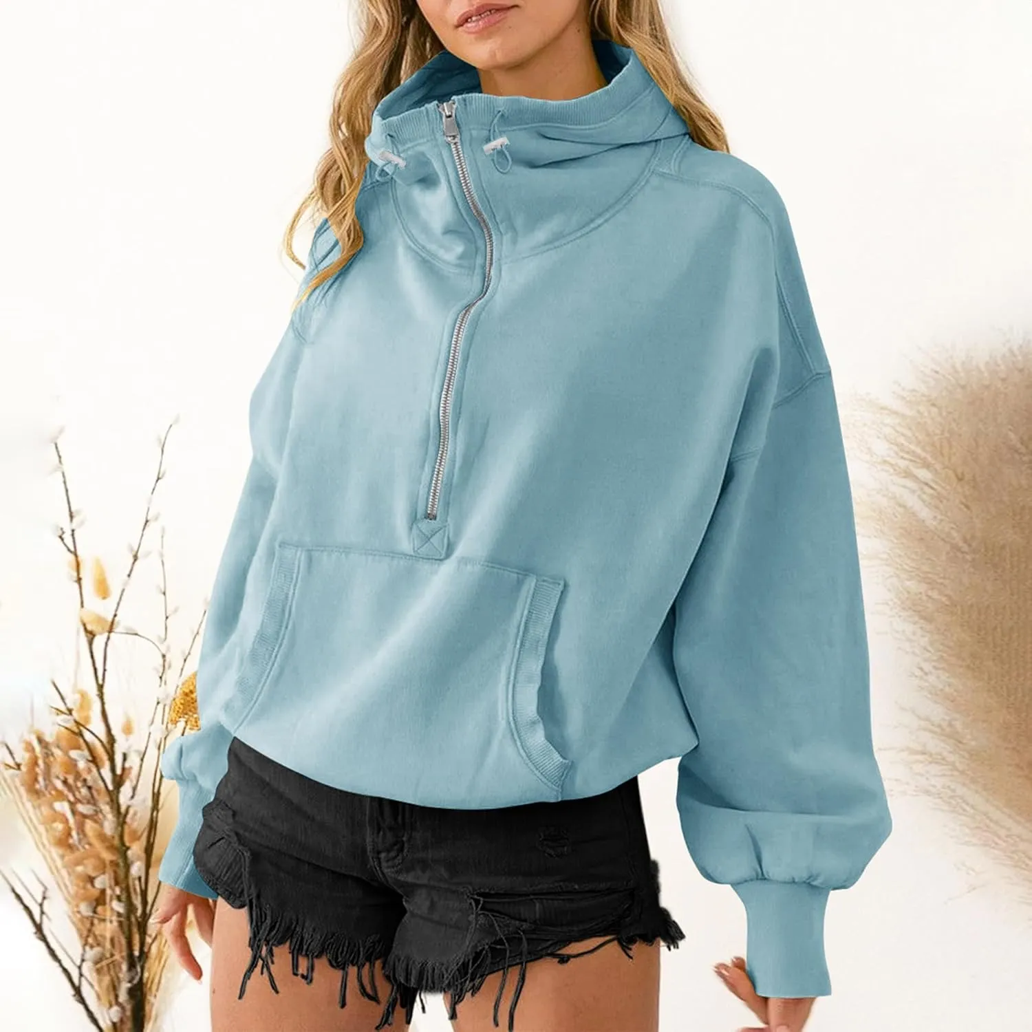TBA High Neck Hoodies for Women Oversized Half Zip Drawstring Y2K Pullover Sweater Casual Long Sleeve Sweatshirt with Pockets